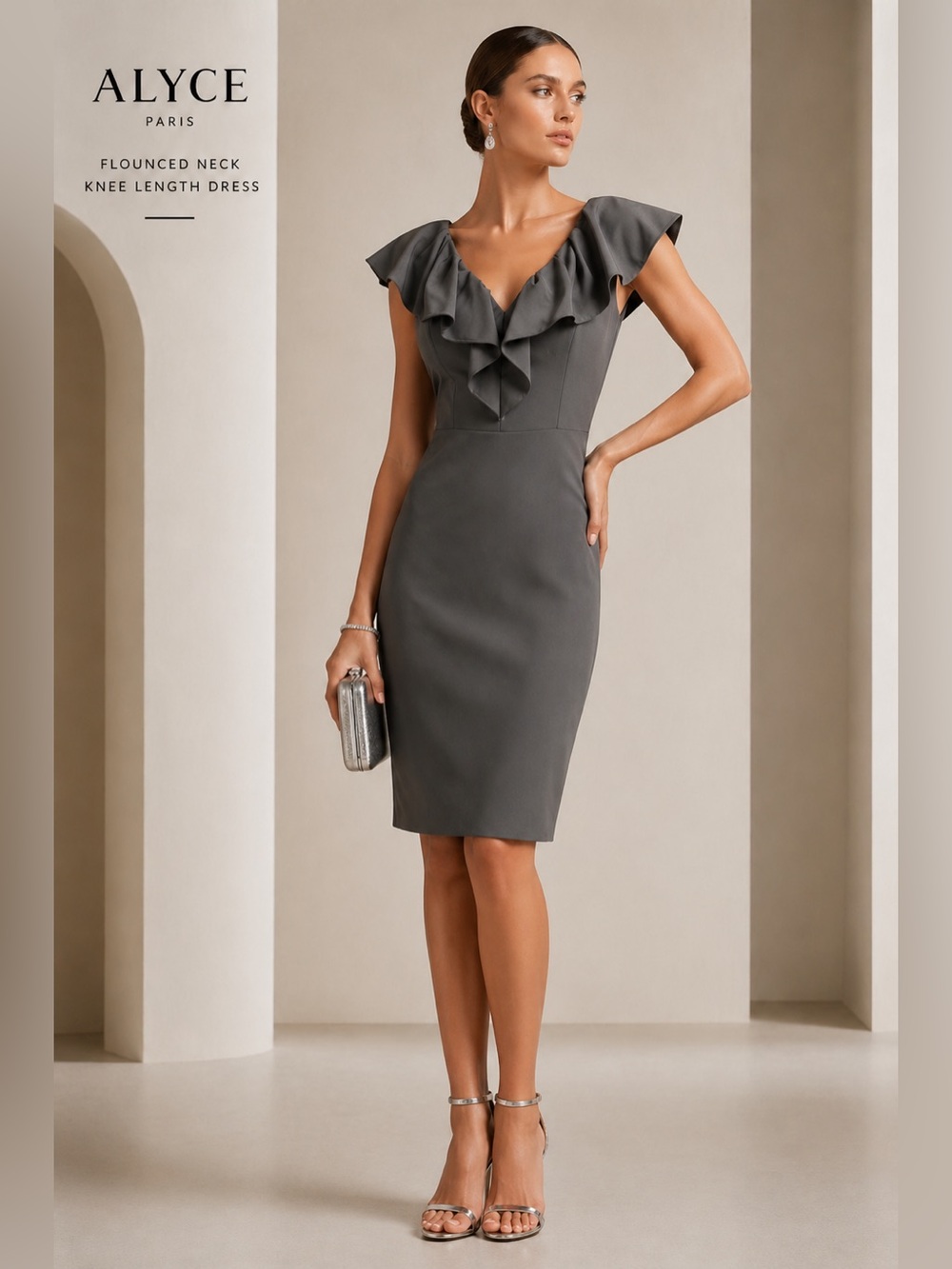 Alyce Paris Flounced Neck Charcoal Grey Midi Dress Size 10